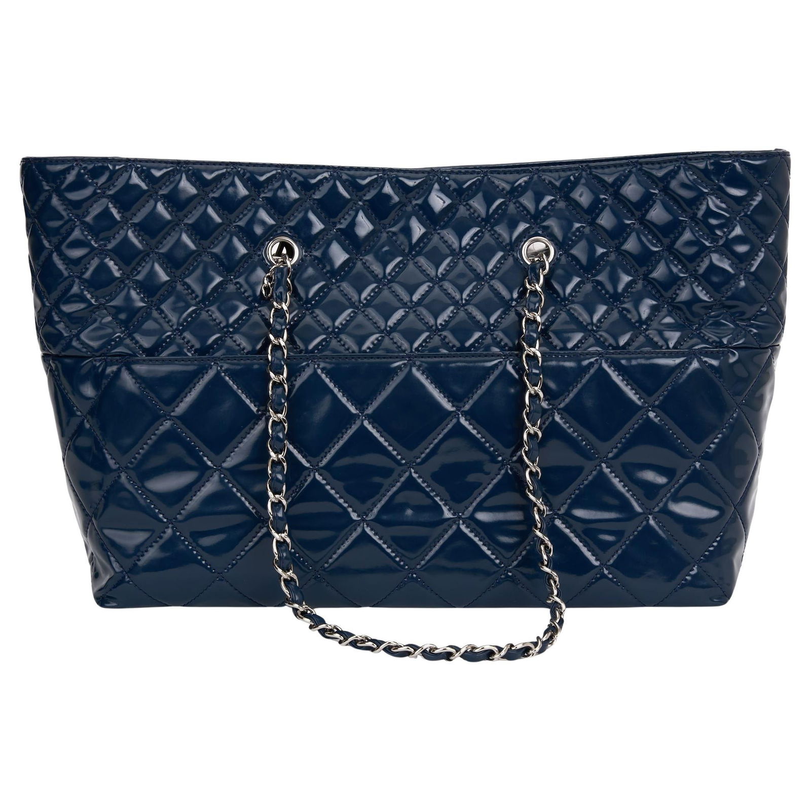 Chanel Navy Patent Leather In the Business Tote Bag with CC Charm: Chanel Navy Patent Leather In the Business Tote Bag with CC Charm Elevate your accessory collection with the Chanel Navy Patent "In the Business" Tote. This exquisite large shopper bag is crafted from