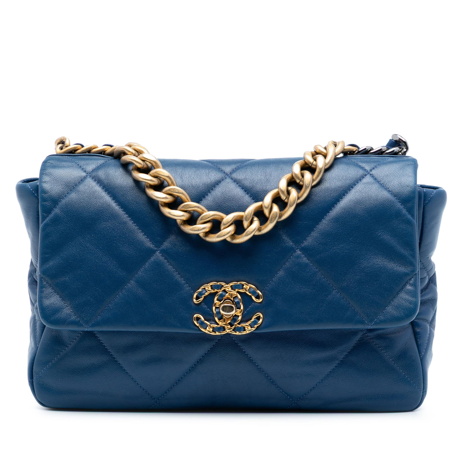 Chanel Large 19 Flap Blue Lambskin Bag with Gold Chain (1 of 8)