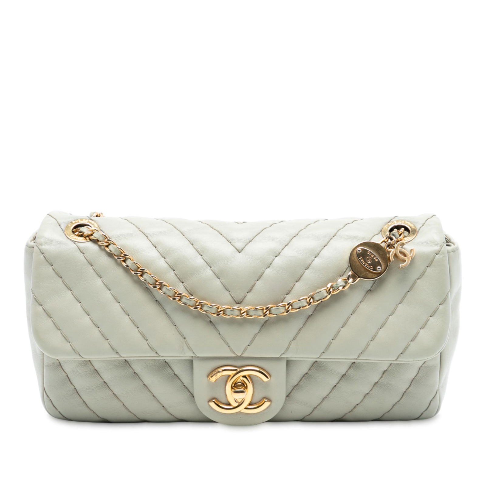 Chanel Chevron Quilted Lambskin Crossbody Bag with Single Flap: Chanel Chevron Quilted Lambskin Crossbody Bag with Single Flap This Chanel Medium Double Stitch Chevron Lambskin Single Flap crossbody bag features a chevron-quilted lambskin leather body in green, co