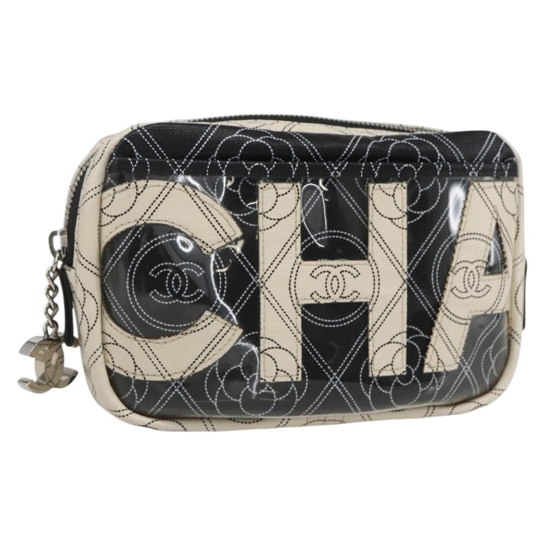 Black Camelia Logo Clutch Camera Case by Chanel: Black Camelia Logo Clutch Camera Case by Chanel This pre-owned Chanel Logo Camera Case Clutch in black features a classic design and is crafted for female use. It is in excellent condition with only m