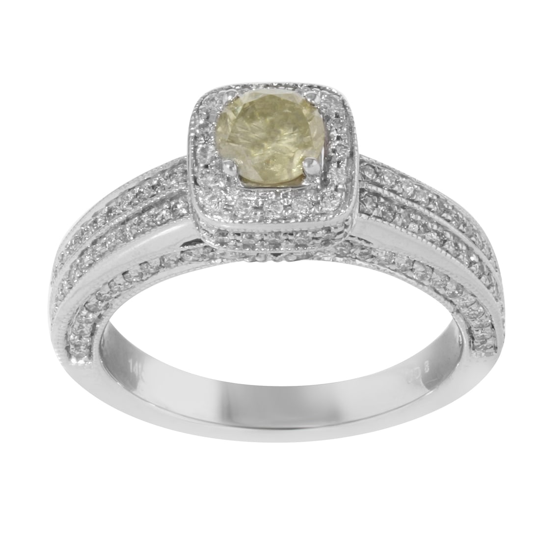 Rachel Koen 14K White Gold Yellow Diamond Halo Engagement Ring 1.92 Cttw: Rachel Koen 14K White Gold Yellow Diamond Halo Engagement Ring 1.92 Cttw This stunning Fancy Yellow Diamond Halo Engagement Ring from the Rachel Koen Bridal Collection is the perfect symbol of love an
