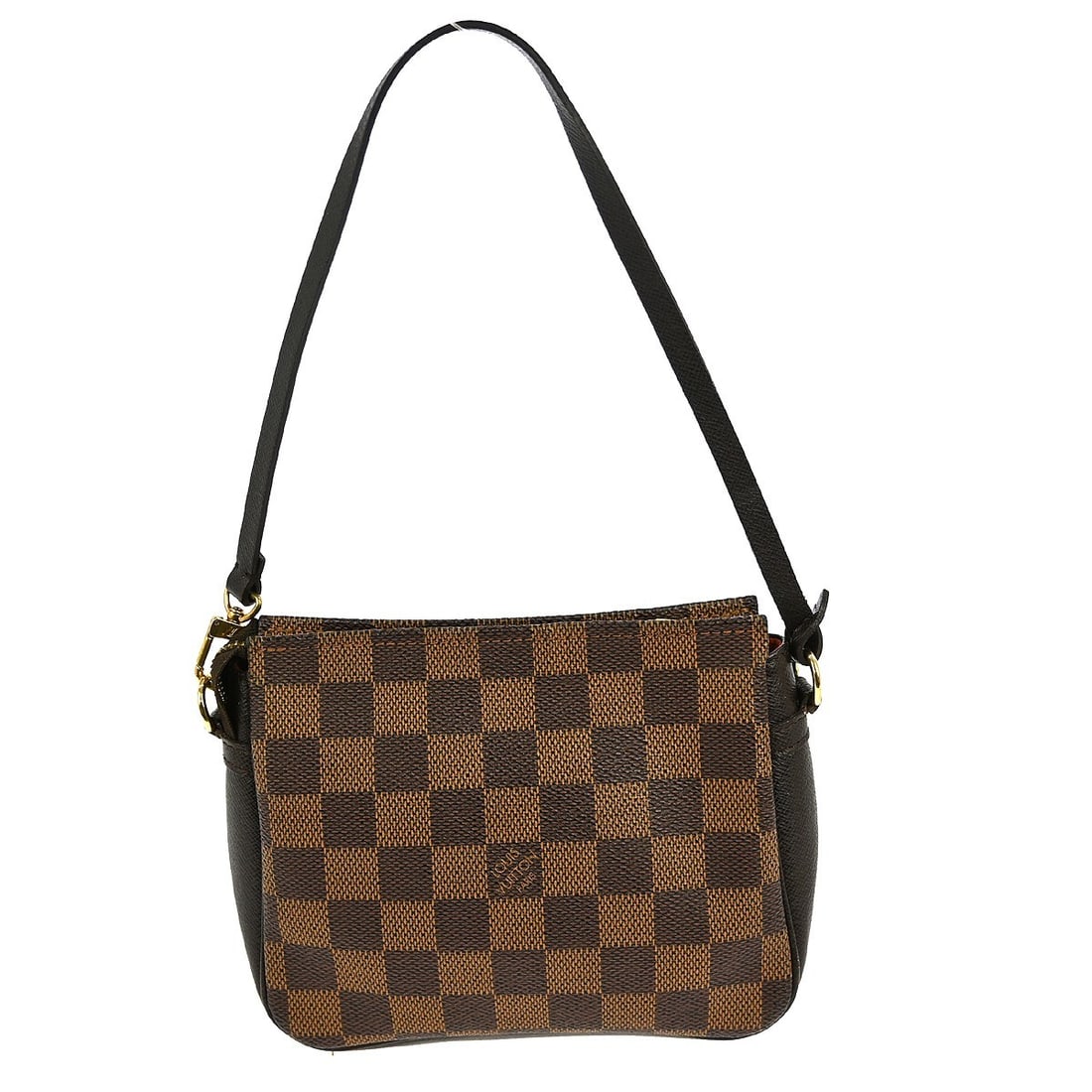Damier canvas makeup pouch by Louis Vuitton in brown: Damier canvas makeup pouch by Louis Vuitton in brown This pre-owned Louis Vuitton Damier makeup handbag features a brown exterior and is designed for female use. The bag is in good condition, displayi
