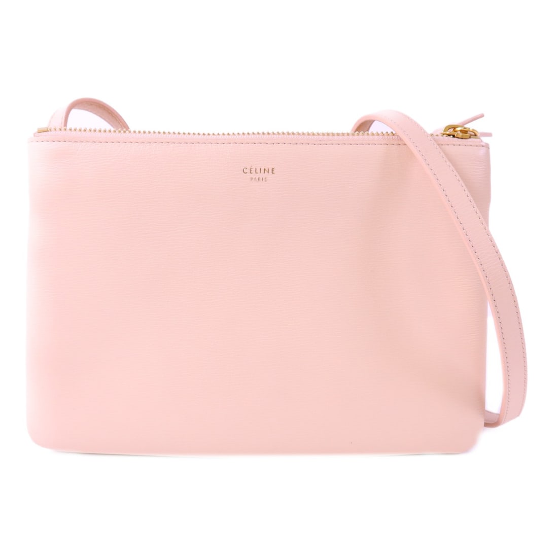 CELINE Pink Calfskin Leather Trio Shoulder Bag GHW: CELINE Pink Calfskin Leather Trio Shoulder Bag GHW Elevate your style with this CELINE Trio Shoulder Bag, crafted from luxurious calfskin leather in a stunning pink hue. This shoulder bag combines ele