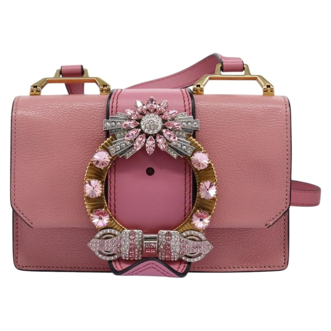 Pink Madras Shoulder Bag with Crystal Buckle by Miu Miu: Pink Madras Shoulder Bag with Crystal Buckle by Miu Miu This Miu Miu Madras Crystal Buckle shoulder bag features a pink exterior with a crystal-embellished buckle. The bag is pre-owned and remains in