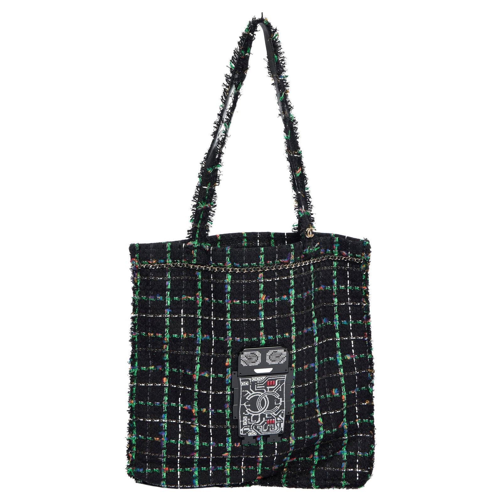 Chanel Robot Tote Bag Black Green Tweed 2017 Authenticity Card: Chanel Robot Tote Bag Black Green Tweed 2017 Authenticity Card This stunning Chanel Robot Tote Bag is a unique piece from the Robot Collection, crafted in Italy. The bag features a striking black and