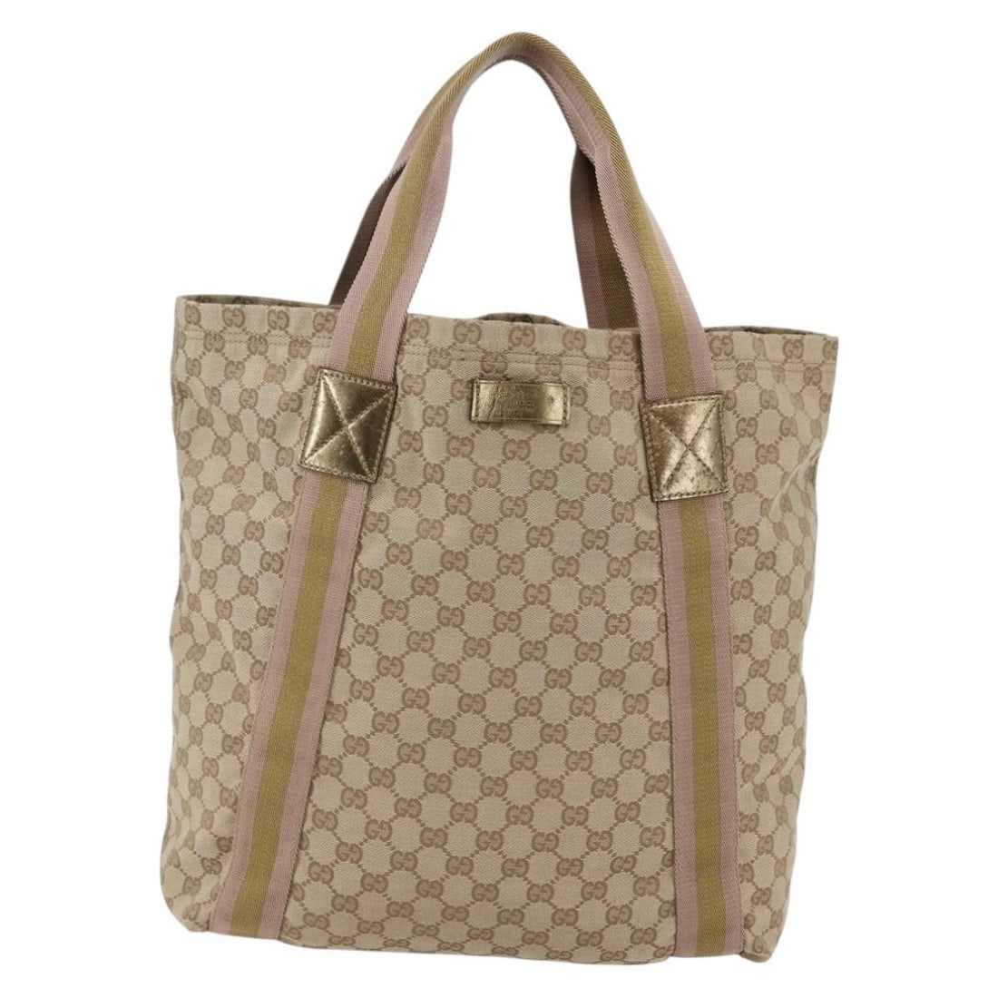 Beige Gucci Original Web Tote Bag with Leather Trim: Beige Gucci Original Web Tote Bag with Leather Trim This pre-owned Gucci Original Web tote bag is crafted in beige material and designed for female use. It features signs of wear including surface rub