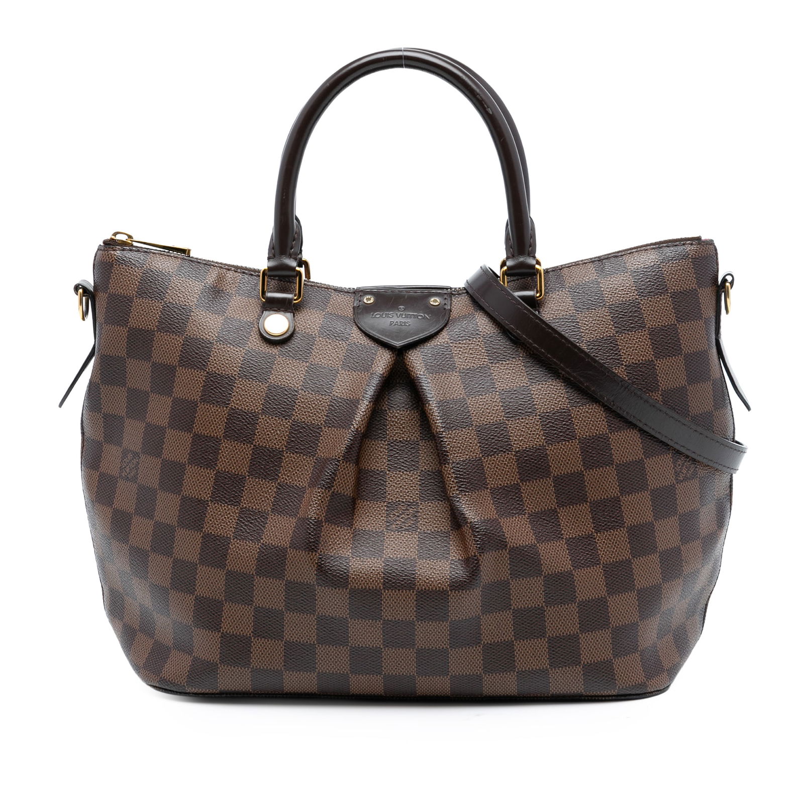 Damier Ebene Siena MM brown handbag with shoulder strap by Louis Vuitton: Damier Ebene Siena MM brown handbag with shoulder strap by Louis Vuitton This Louis Vuitton Damier Ebene Siena MM features a damier canvas body with rolled leather handles, a detachable flat leather s