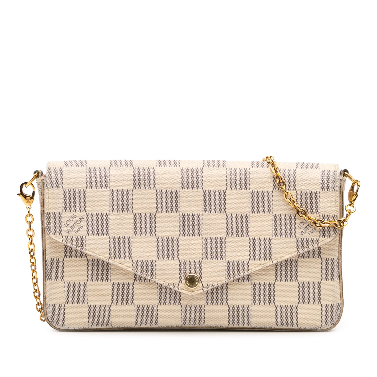 Louis Vuitton Damier Azur Pochette Felicie Crossbody Bag: Louis Vuitton Damier Azur Pochette Felicie Crossbody Bag The Louis Vuitton Damier Azur Pochette Felicie is a stylish crossbody bag crafted from damier azur canvas. It features a detachable gold-tone c