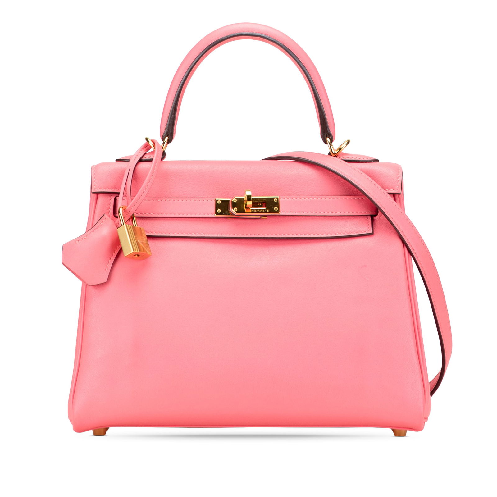 Hermes Swift Kelly II Retourne 25 Pink Leather Handbag: Hermes Swift Kelly II Retourne 25 Pink Leather Handbag Introducing the Hermes Swift Kelly II Retourne 25, a luxurious bag crafted from Swift leather in a vibrant Rose Lipstick color. This elegant piec