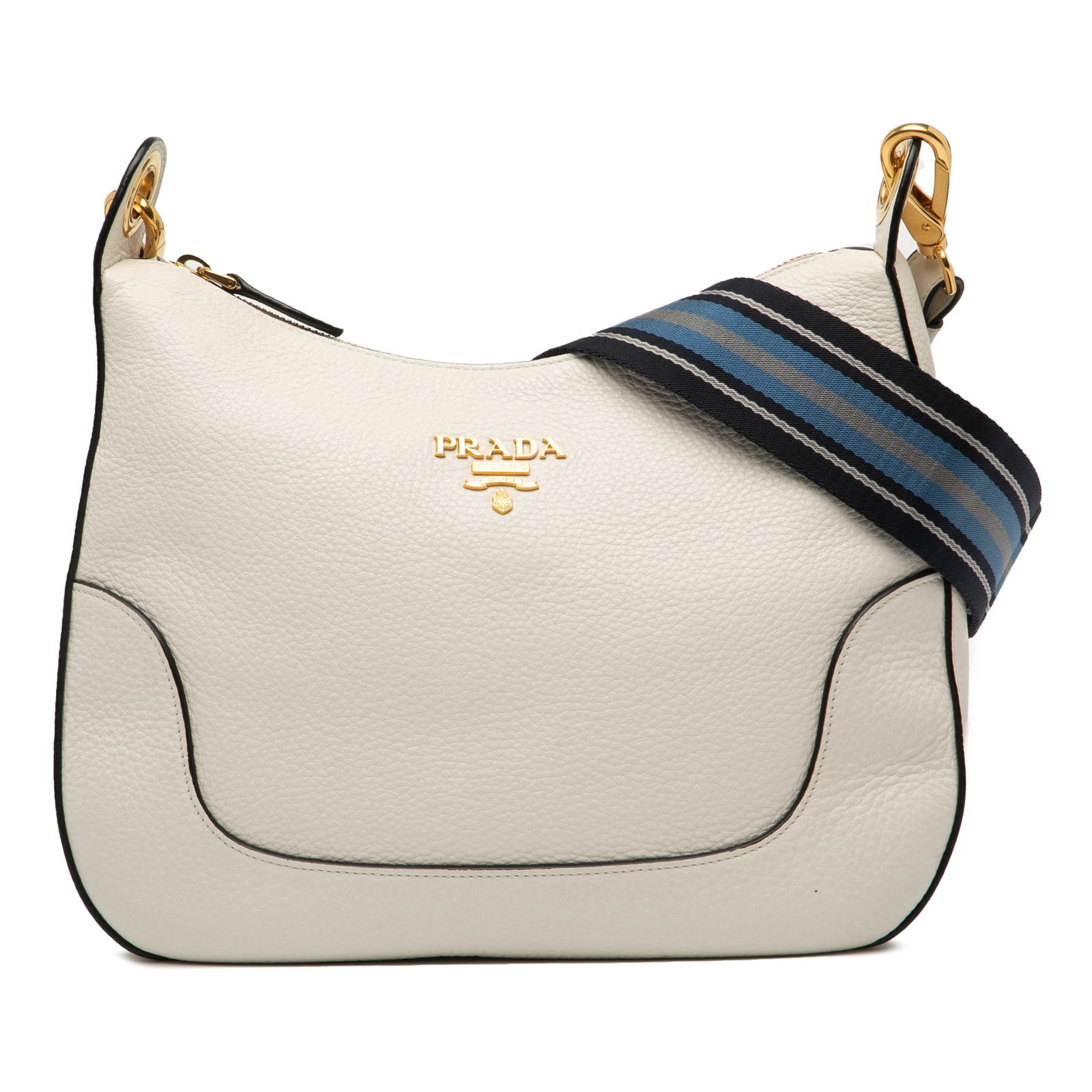 Prada Vitello Phenix White Leather Crossbody Bag: Prada Vitello Phenix White Leather Crossbody Bag The Prada Vitello Phenix Crossbody bag is a stylish accessory crafted from high-quality leather. It features a flat canvas stripe strap for added comfo
