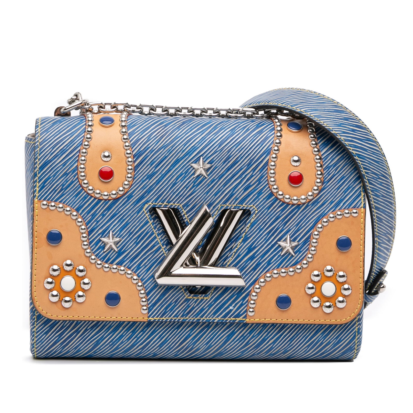Louis Vuitton Epi Denim Studded Twist MM Blue Bag: Louis Vuitton Epi Denim Studded Twist MM Blue Bag Introducing the Louis Vuitton Epi Denim Studded Twist MM, a stylish and functional accessory crafted from durable epi leather. This bag showcases stri