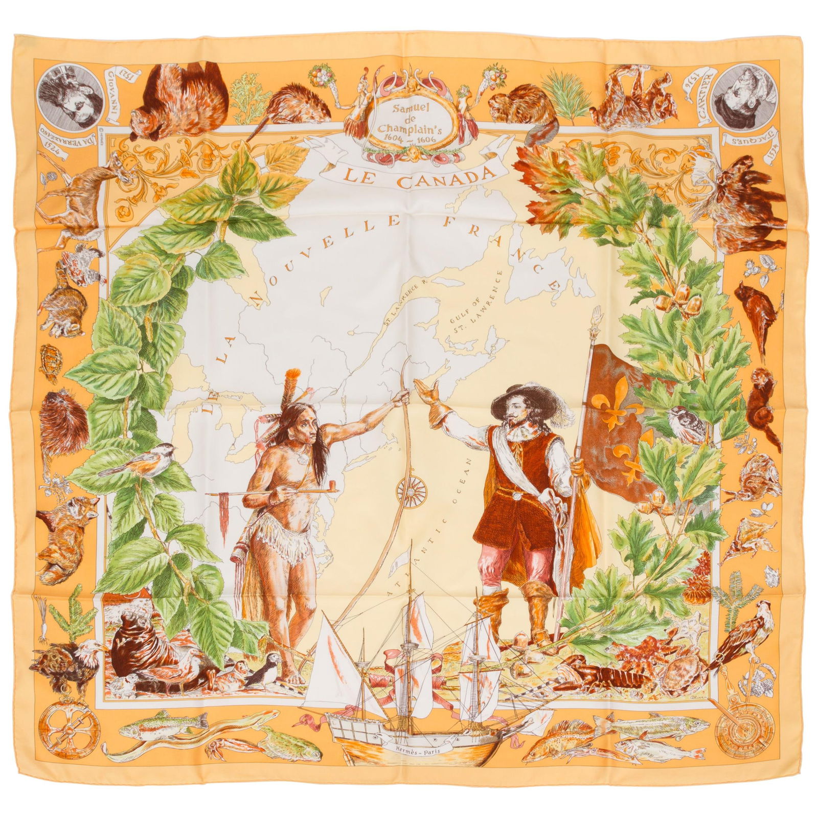 Hermes Le Canada Silk Scarf by Kermit Oliver 35 in x 35 in: Hermes Le Canada Silk Scarf by Kermit Oliver 35 in x 35 in This exquisite Hermes Le Canada collectible silk scarf showcases a stunning design by the renowned Kermit Oliver. Crafted from luxurious silk
