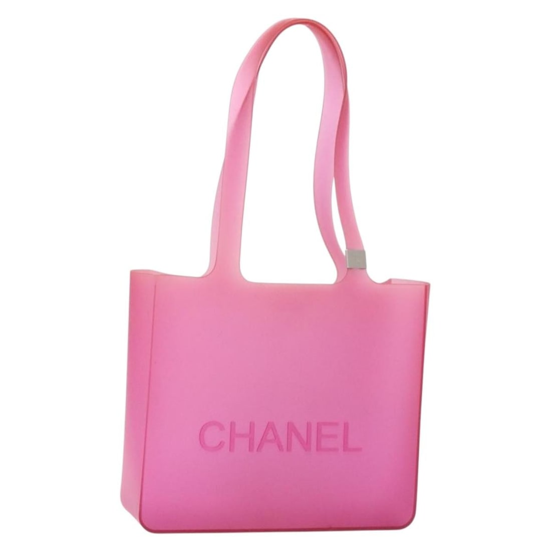 CHANEL Pink Rubber Tote Bag with 9.1 Inch Handle Drop: CHANEL Pink Rubber Tote Bag with 9.1 Inch Handle Drop This CHANEL Tote Bag is crafted from durable rubber in a vibrant pink hue, making it both stylish and functional. The bag measures approximately 9