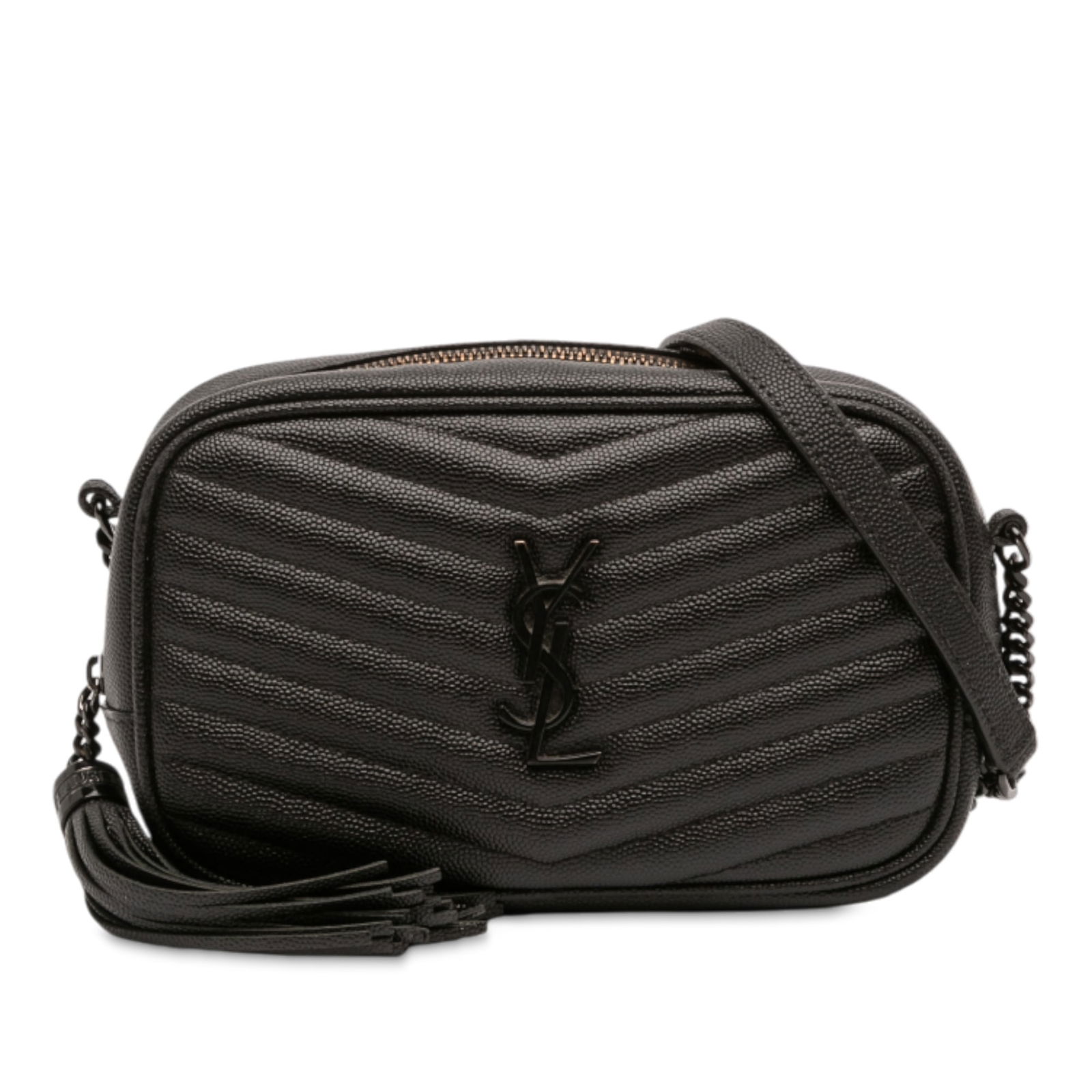 Black Leather Mini Lou Camera Crossbody by Saint Laurent Grain de Poudre Monogram: Black Leather Mini Lou Camera Crossbody by Saint Laurent Grain de Poudre Monogram This Saint Laurent Mini Grain de Poudre Monogram Monochrome Lou Camera Bag features a quilted black leather body with