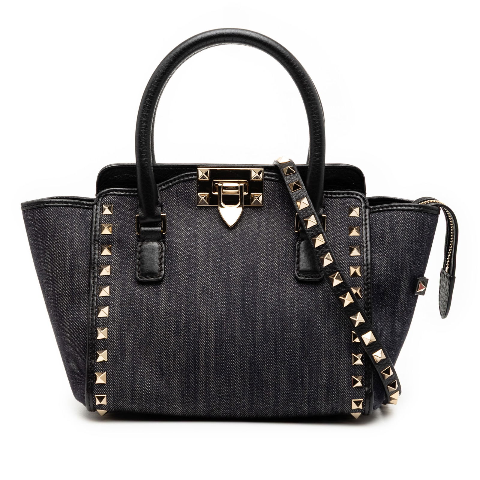 Valentino Rockstud Denim Trapeze Satchel with Studded Strap: Valentino Rockstud Denim Trapeze Satchel with Studded Strap This Valentino Small Denim Rockstud Trapeze Satchel features a studded denim body with rolled leather handles and a detachable studded leath