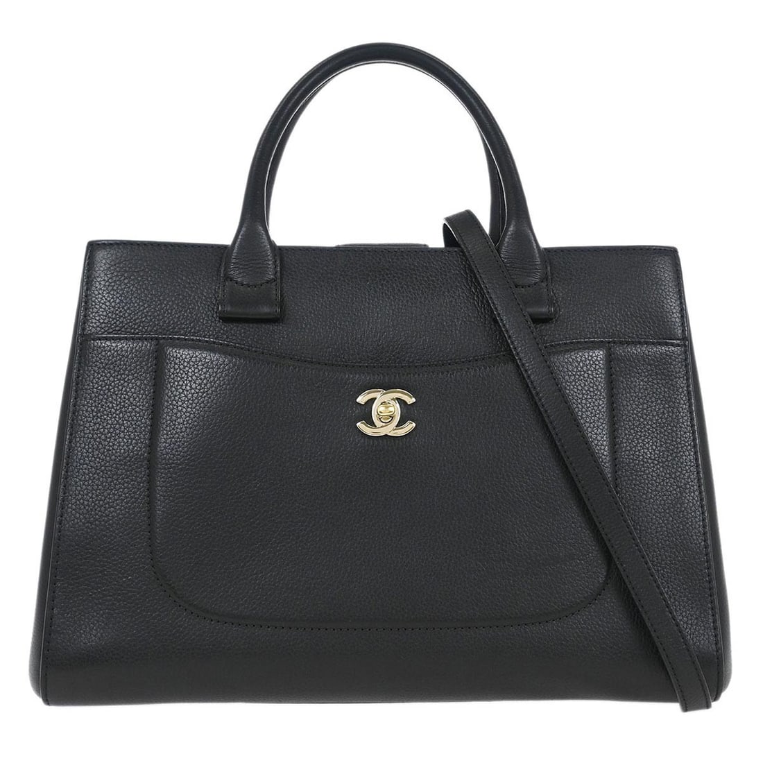 Chanel Black Calfskin Neo Executive Tote Bag: Chanel Black Calfskin Neo Executive Tote Bag This elegant Chanel Neo Executive Tote is crafted from premium black calfskin, making it a sophisticated addition to your casual wardrobe. Designed for pra