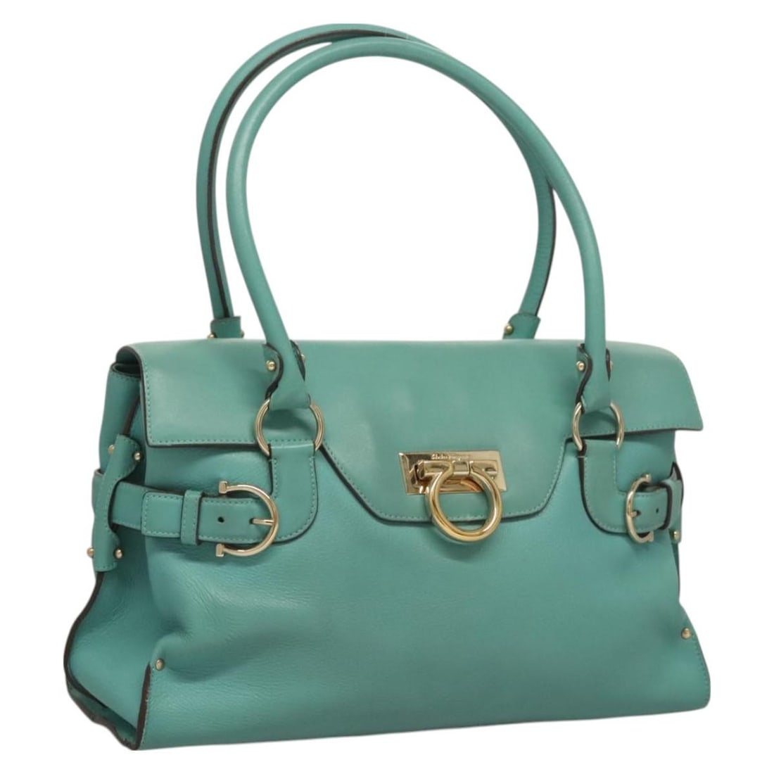 Salvatore Ferragamo Gancini Leather Hand Bag Turquoise Blue Gold Auth: Salvatore Ferragamo Gancini Leather Hand Bag Turquoise Blue Gold Auth This exquisite Salvatore Ferragamo Gancini Hand Bag is crafted from high-quality leather in a stunning turquoise blue and gold com