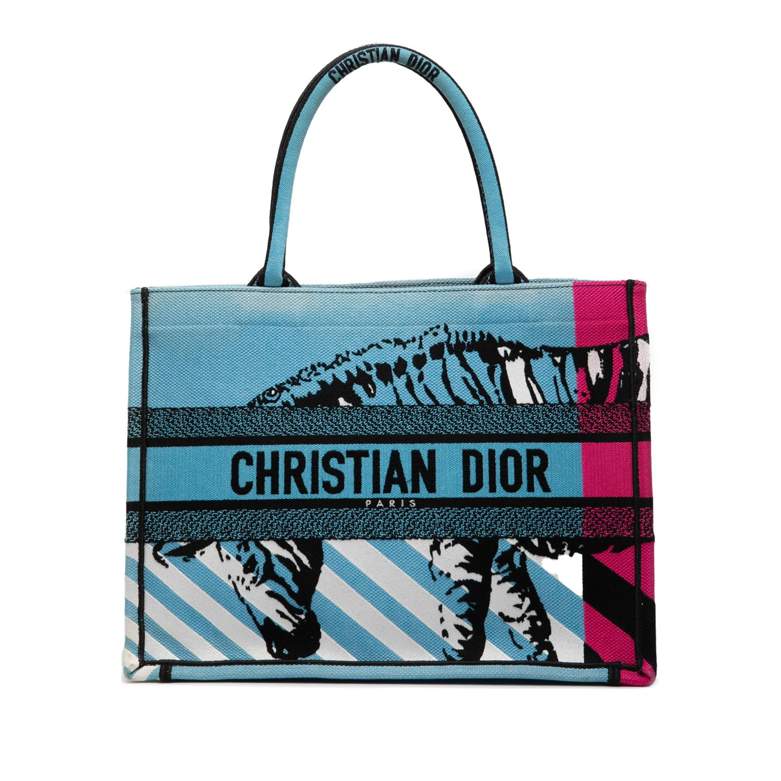 Dior Medium Zebra D Jungle Pop Embroidered Canvas Book Tote: Dior Medium Zebra D Jungle Pop Embroidered Canvas Book Tote This Dior Medium Embroidered Canvas Zebra D Jungle Pop Book Tote showcases a vibrant blue embroidered canvas design, perfect for adding a po