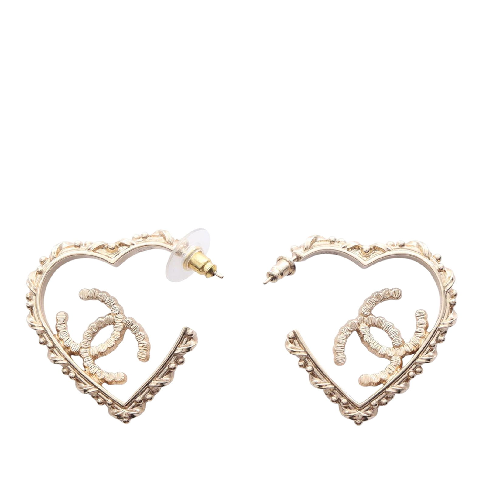 Chanel Heart Hoop Earrings with Gold Plating and Rhinestone Accents: Chanel Heart Hoop Earrings with Gold Plating and Rhinestone Accents These Chanel earrings feature gold plated brass bodies adorned with rhinestone embellishments in a heart hoop design. They are equip