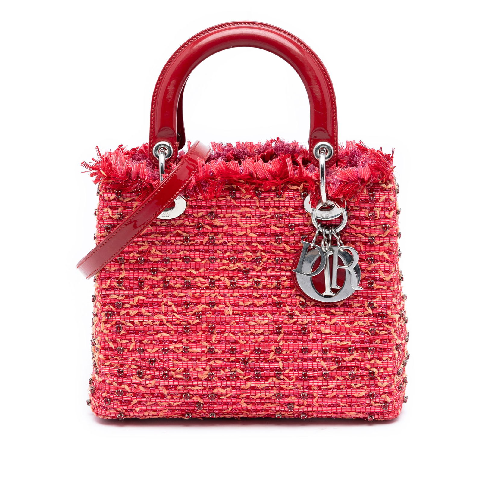 Dior Lady Dior Medium Bag Tweed Fringe Rhinestone Red with Leather Strap: Dior Lady Dior Medium Bag Tweed Fringe Rhinestone Red with Leather Strap This Medium Lady Dior handbag features a red tweed body with fringe and rhinestone embellishments, flat leather handles, and a