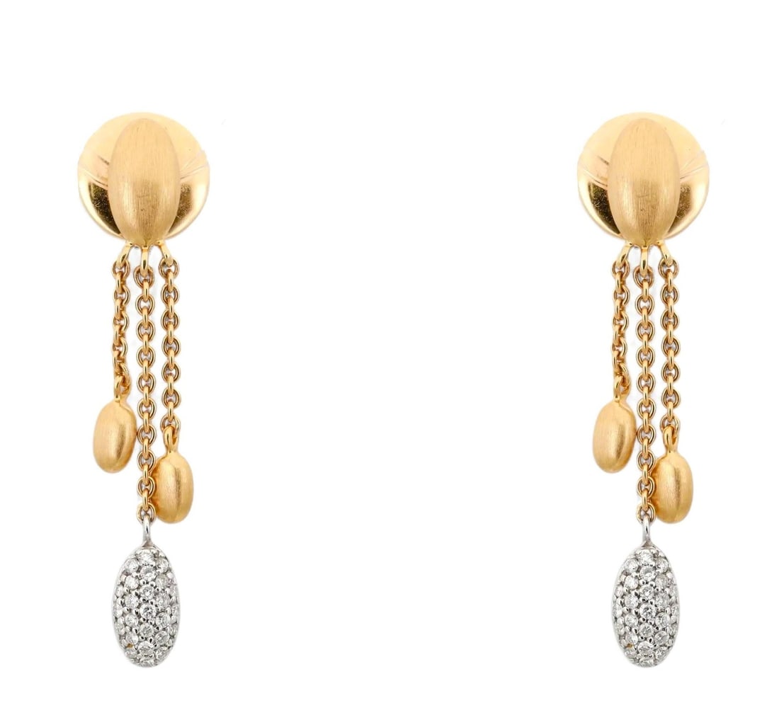 18K Gold Dangle Earrings with Pave Diamond Accented Tassel Drops: 18K Gold Dangle Earrings with Pave Diamond Accented Tassel Drops Elegant estate drop earrings crafted from solid 18k yellow and white gold, featuring three delicate chain tassel drops. One tassel is a
