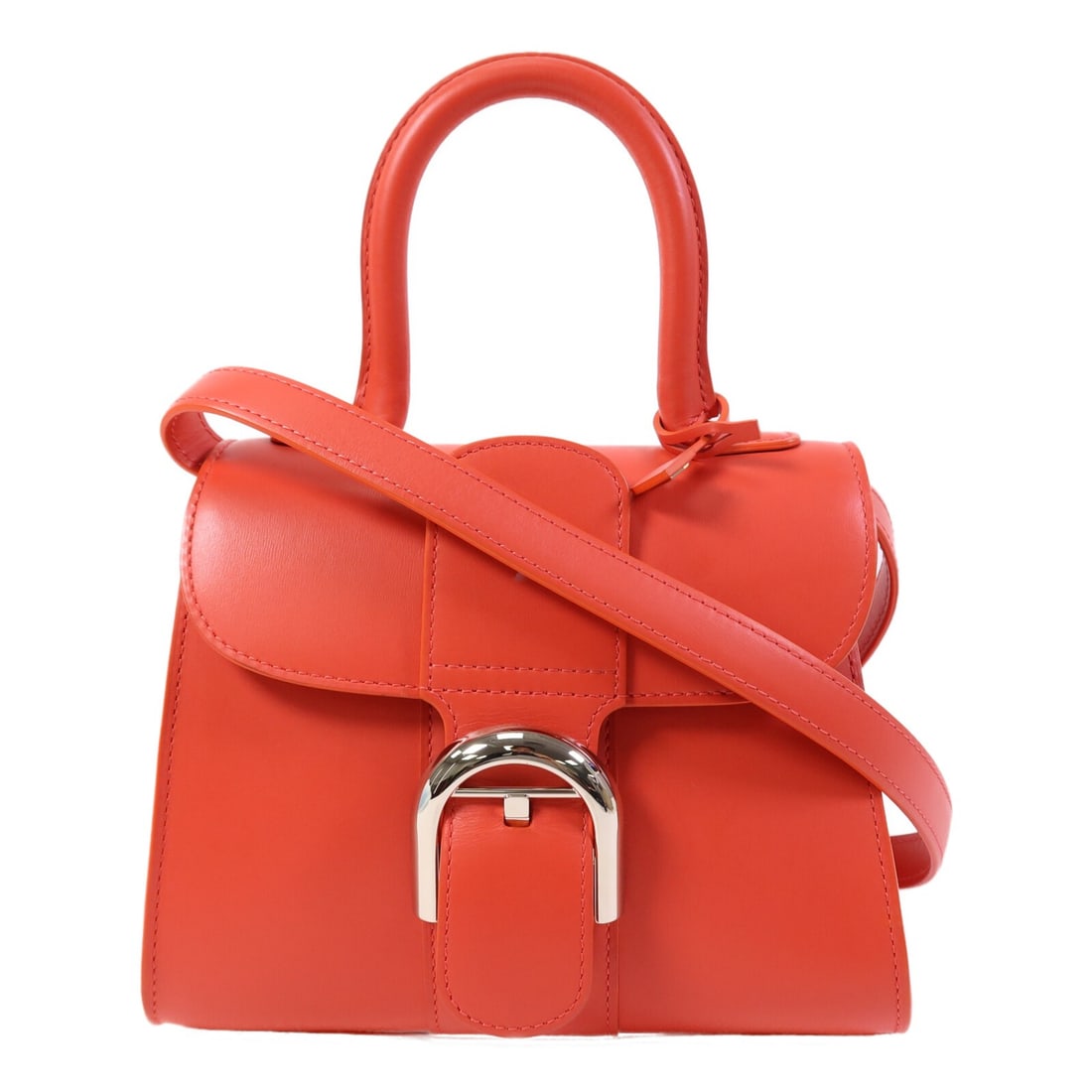 Delvaux Brillant Mini 2 Way Shoulder Bag Red Calfskin: Delvaux Brillant Mini 2 Way Shoulder Bag Red Calfskin Introducing the Delvaux Brillant Mini 2 Way Shoulder Bag, expertly crafted from premium calfskin leather in a striking red hue. This stylish acces