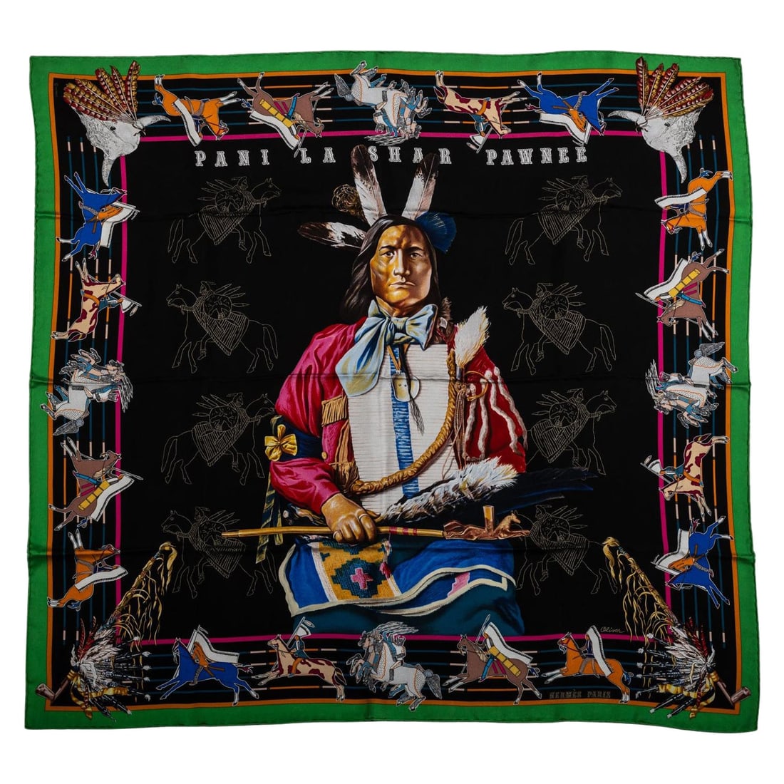 Hermes Pawnee Pani La Shar Black 90cm Silk Scarf by Kermit Oliver: Hermes Pawnee Pani La Shar Black 90cm Silk Scarf by Kermit Oliver Discover the exquisite Hermes Collectible Pawnee Pani La Shar Black Scarf, a stunning piece designed by renowned U.S. artist Kermit Ol