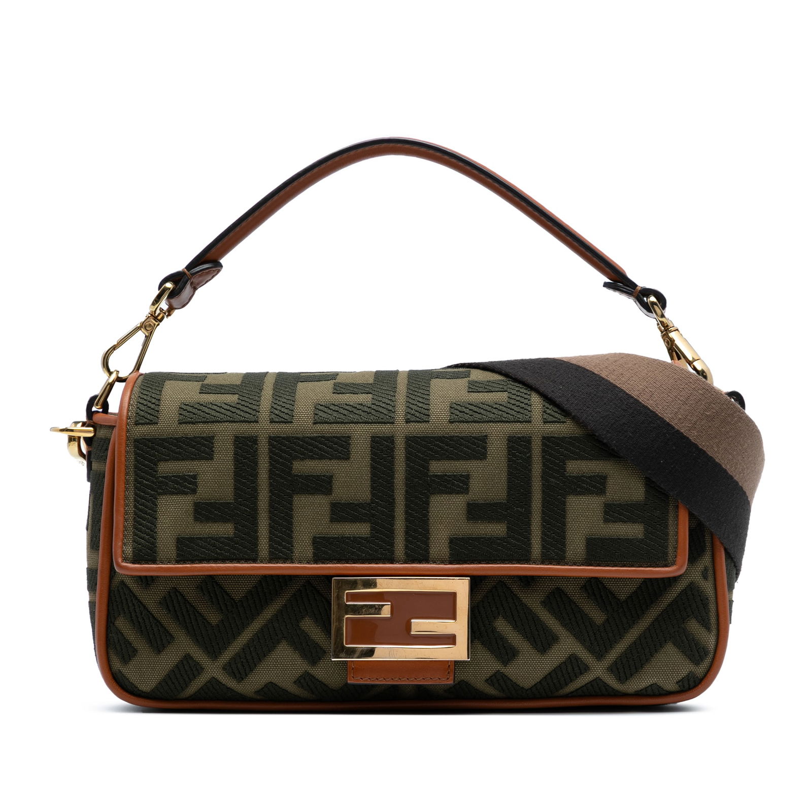 Fendi Zucca Embroidered Canvas Baguette Satchel Green Bag: Fendi Zucca Embroidered Canvas Baguette Satchel Green Bag This Fendi Zucca Embroidered Canvas Baguette Satchel is a stylish accessory featuring an embroidered canvas body with leather trim in a vibran