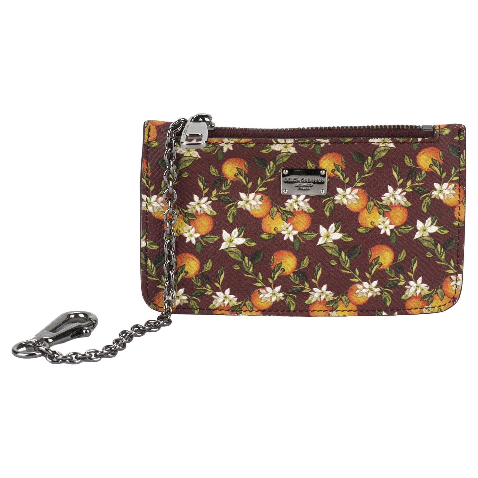 Dolce & Gabbana Burgundy Flower Coin Wallet with Keychain: Dolce & Gabbana Burgundy Flower Coin Wallet with Keychain Introducing the Dolce & Gabbana Flower Coin Wallet/Keychain, a stylish accessory crafted in Italy. This exquisite wallet features a luxurious