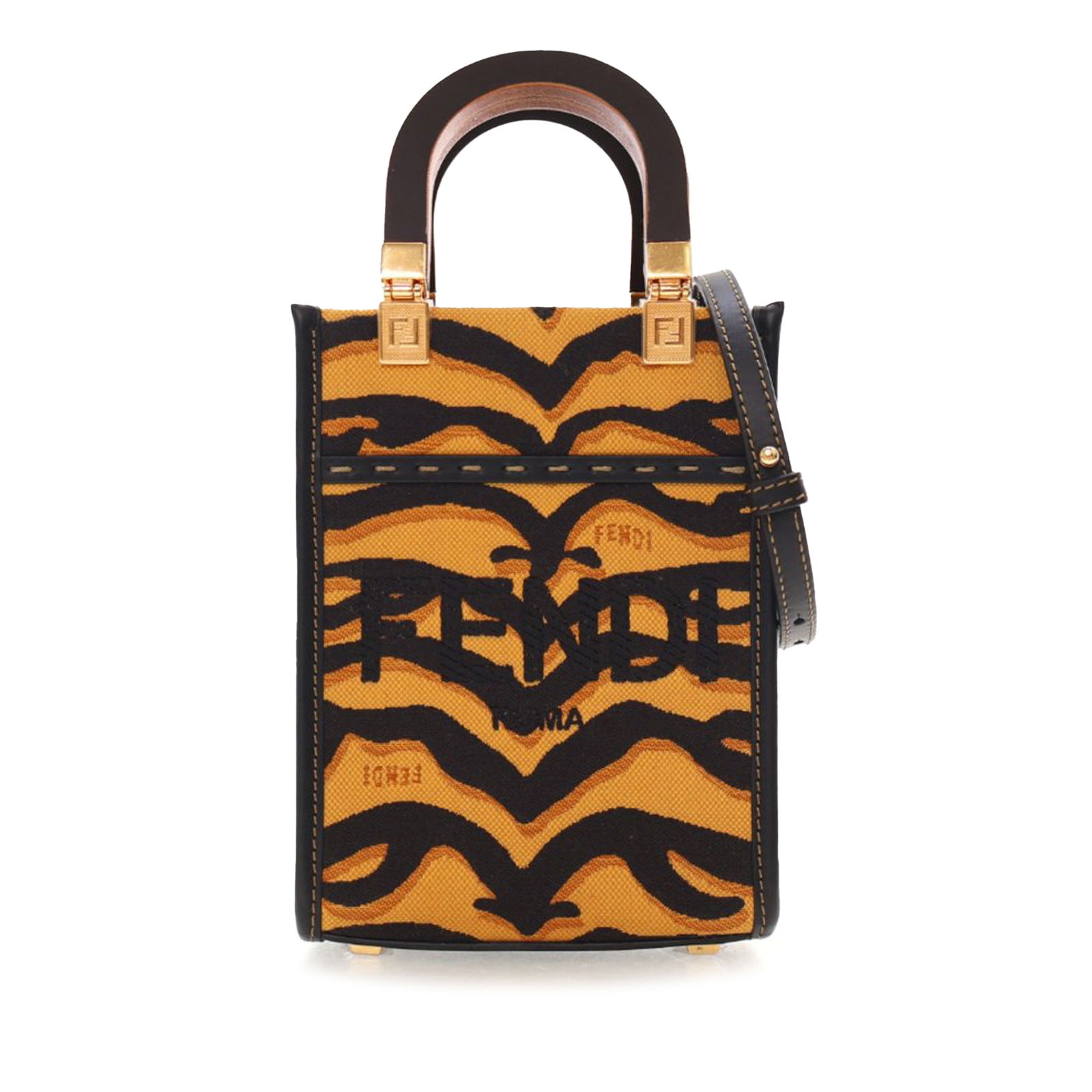 Mini Sunshine Shopper Tote by Fendi in Embroidered Zebra Canvas: Mini Sunshine Shopper Tote by Fendi in Embroidered Zebra Canvas This Fendi Mini Sunshine Shopper tote features a canvas body with an embroidered zebra print design. It is equipped with structured top