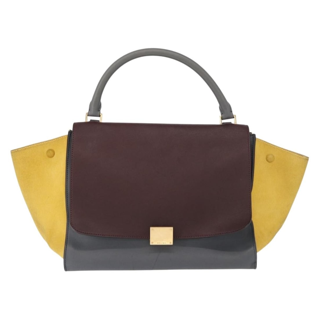 Trapeze Medium Handbag in Gray Tricolor by Celine: Trapeze Medium Handbag in Gray Tricolor by Celine This Celine Tricolor Trapeze medium handbag features a gray color scheme and is designed for female use. The bag shows signs of previous use, includin