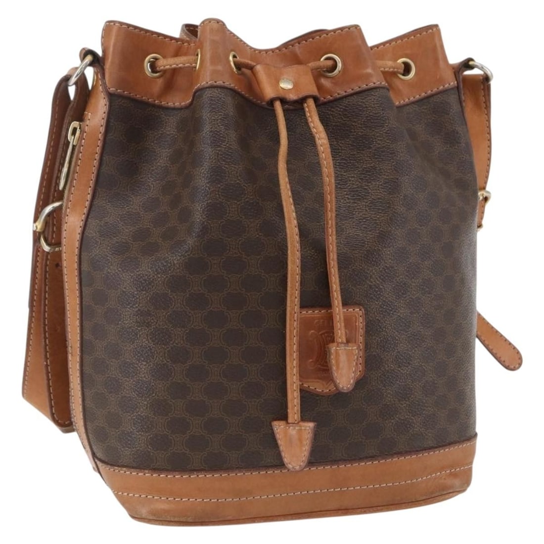 Pre-Owned Celine Macadam Brown Shoulder Bag: Pre-Owned Celine Macadam Brown Shoulder Bag This pre-owned Celine Macadam shoulder bag features a brown exterior and is designed for female use. The bag shows significant signs of wear, including surf