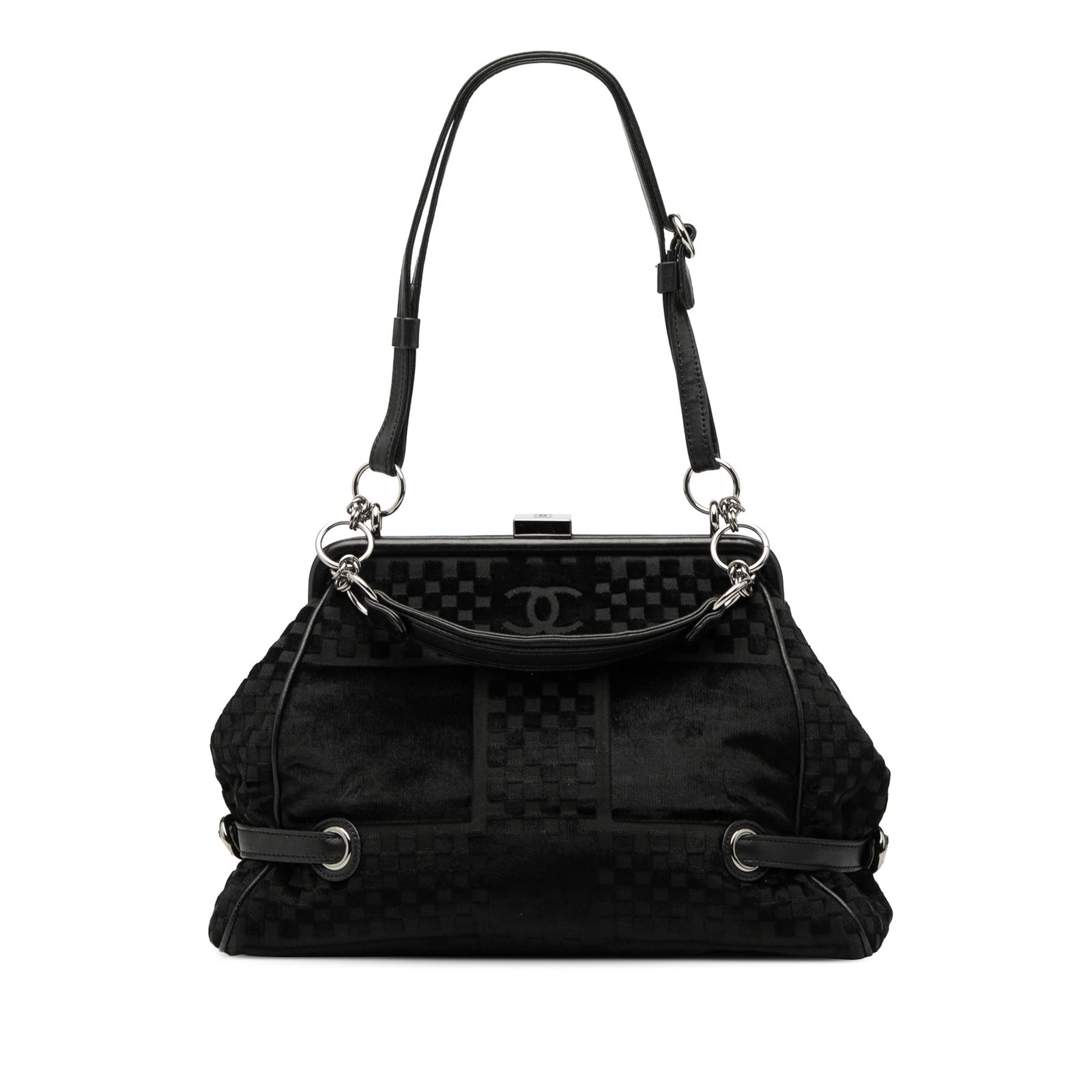 Chanel CC Check Velvet Belted Frame Shoulder Bag Black: Chanel CC Check Velvet Belted Frame Shoulder Bag Black Introducing the Chanel CC Check Embossed Velvet Belted Side Frame Bag, a luxurious shoulder bag crafted with an exquisite embossed velvet body. T