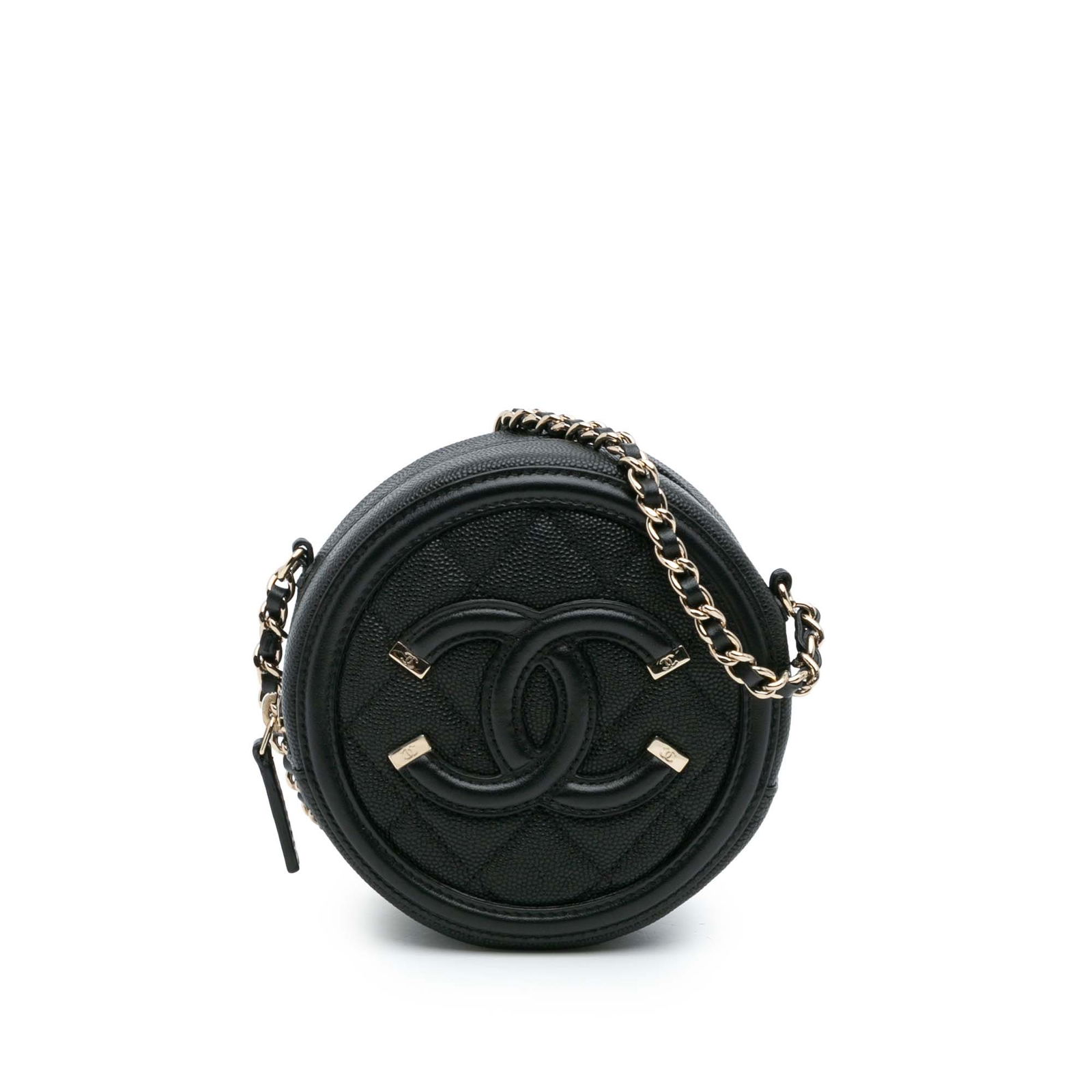 Chanel Caviar CC Filigree Black Round Clutch with Chain: Chanel Caviar CC Filigree Black Round Clutch with Chain This Chanel Caviar CC Filigree Round Clutch with Chain is a stunning accessory crafted from luxurious quilted caviar leather. The clutch feature