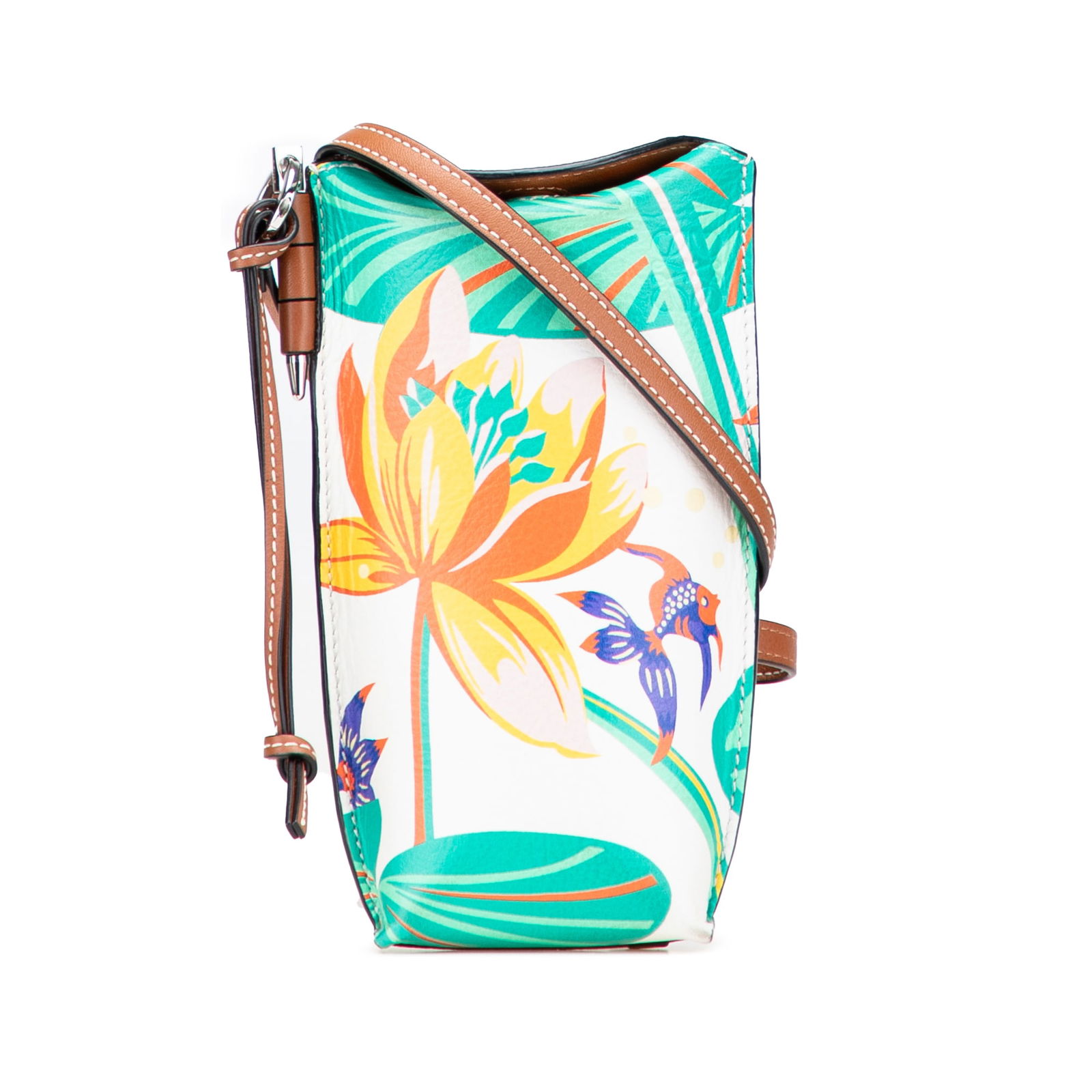 LOEWE Paulas Ibiza White Leather Waterlily Crossbody Bag: LOEWE Paulas Ibiza White Leather Waterlily Crossbody Bag This LOEWE Paulas Ibiza Leather Waterlily Gate Pocket Crossbody is a stylish accessory made from high-quality printed leather. It features a pr