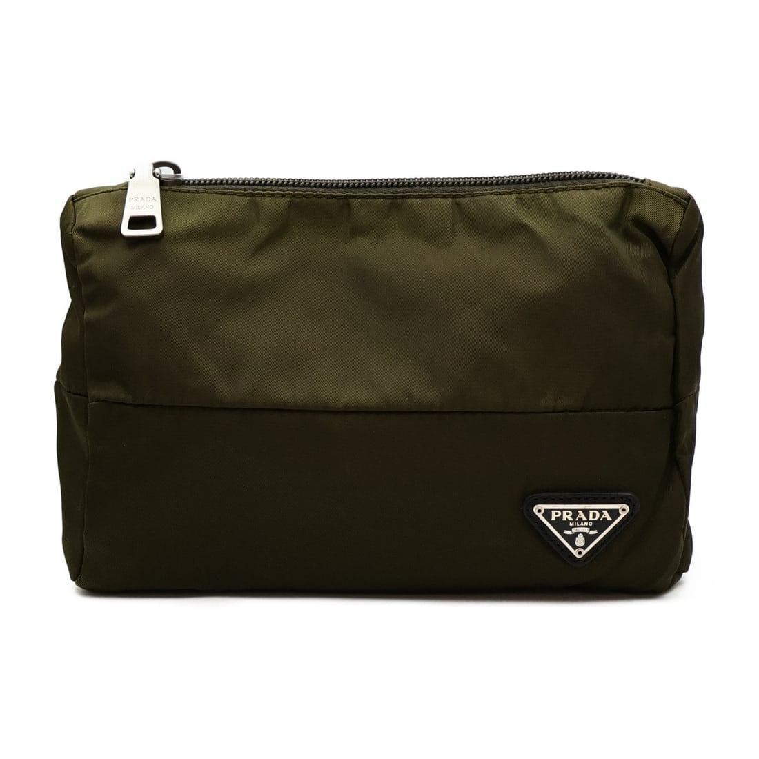 Green Nylon Pouch by PRADA with Italian Craftsmanship: Green Nylon Pouch by PRADA with Italian Craftsmanship This Prada pouch is crafted from green nylon, offering a durable and stylish accessory. Made in Italy, it features a regular size with a practical