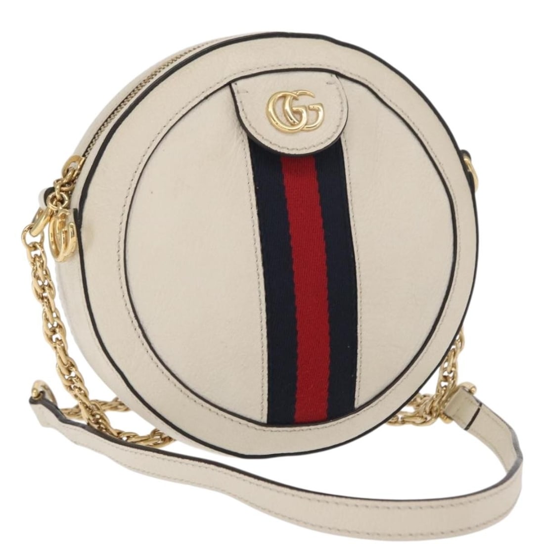 White Ophidia Shoulder Bag from Gucci Round Design: White Ophidia Shoulder Bag from Gucci Round Design This pre-owned Gucci Ophidia round shoulder bag in white features a classic design with a structured shape. It shows minor signs of use, including sl