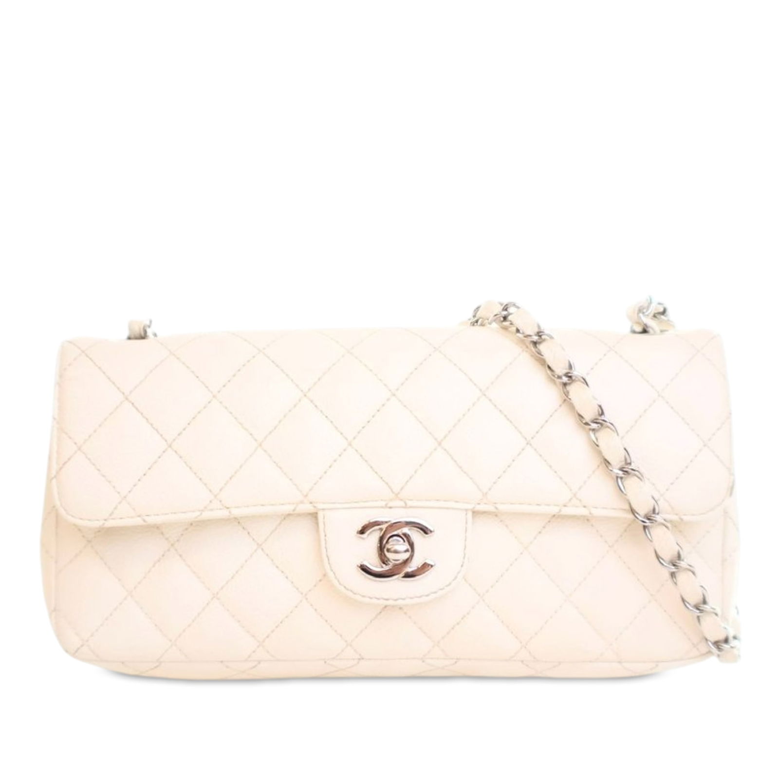 Chanel Classic Caviar East West Flap White Leather Bag: Chanel Classic Caviar East West Flap White Leather Bag The Chanel Classic Caviar East West Single Flap is a sophisticated handbag crafted from luxurious quilted caviar leather. This stylish bag featur