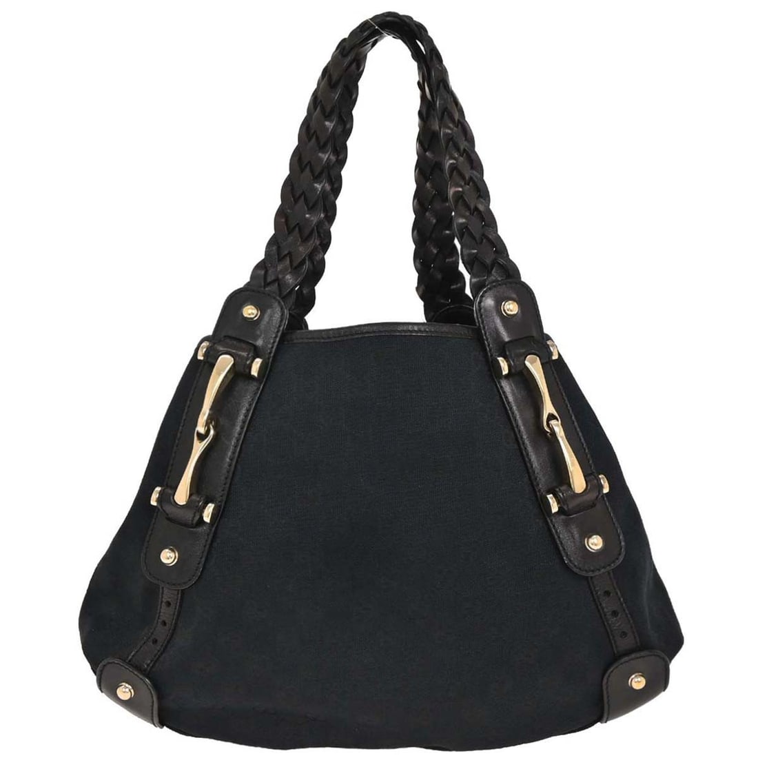 Gucci Black Canvas GG Horsebit Tote Handbag 162900 002122: Gucci Black Canvas GG Horsebit Tote Handbag 162900 002122 This stylish Gucci handbag features a classic black canvas exterior with the iconic GG Horsebit design, making it a sophisticated addition to