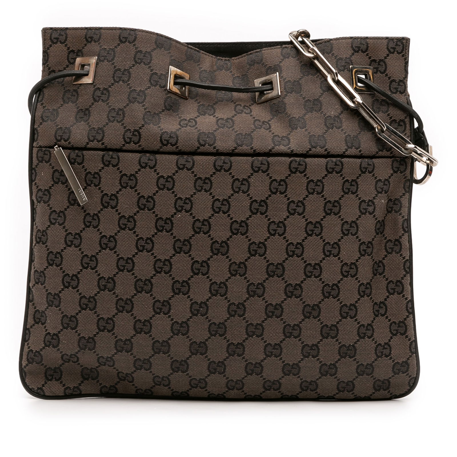 Gucci GG Canvas Shoulder Bag with Leather Trim and Chain Strap: Gucci GG Canvas Shoulder Bag with Leather Trim and Chain Strap This Gucci GG Canvas Shoulder Bag is a stylish and functional accessory crafted from durable canvas with leather trim. It features a chai