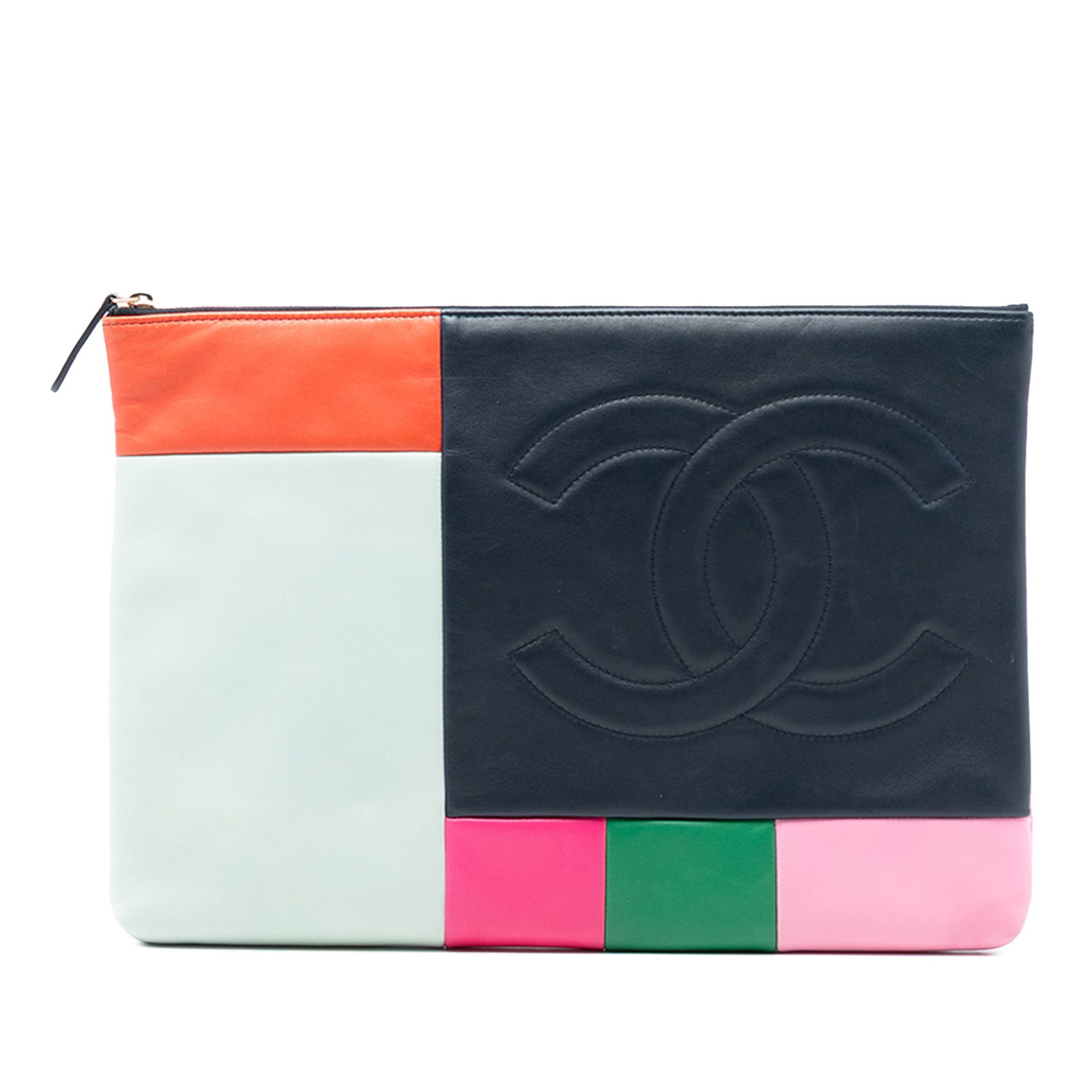 Colorblock Patchwork Lambskin Leather Clutch by Chanel Large O Case: Colorblock Patchwork Lambskin Leather Clutch by Chanel Large O Case This Chanel Large Lambskin Colorblock Patchwork O Case clutch features a distinctive patchwork design crafted from lambskin leather