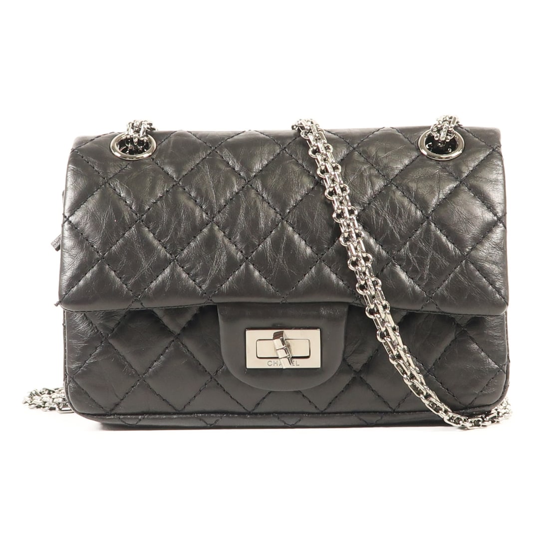 CHANEL 2.55 Mini Shoulder Bag Black Calfskin Leather SHW: CHANEL 2.55 Mini Shoulder Bag Black Calfskin Leather SHW This elegant CHANEL 2.55 Mini Chain Shoulder Bag is crafted from luxurious black calfskin leather, showcasing the iconic CC logo. The bag featu