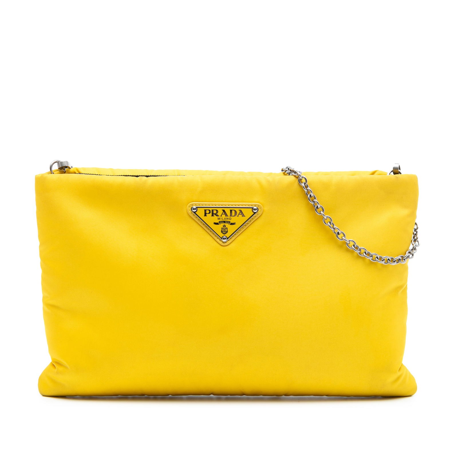 Prada Tessuto Fluo Yellow Nylon Chain Strap Clutch Bag: Prada Tessuto Fluo Yellow Nylon Chain Strap Clutch Bag This Prada Tessuto Fluo Clutch on Chain features a padded nylon body in yellow, complemented by a silver-tone chain strap. The bag is secured wit