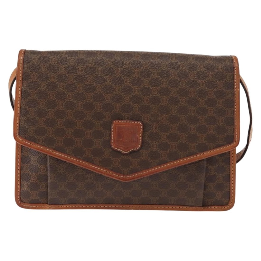 Pre-Owned Celine Macadam Pattern Brown Vintage Shoulder Bag: Pre-Owned Celine Macadam Pattern Brown Vintage Shoulder Bag This pre-owned Celine Macadam shoulder bag features a classic brown design. It shows signs of use, including rubbing, stains, and scratches