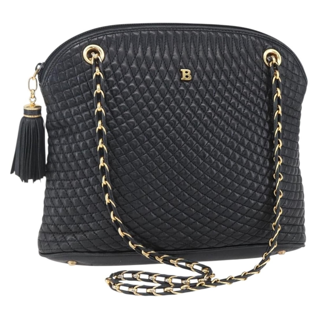 Vintage Bally Black Chain Shoulder Purse for Women: Vintage Bally Black Chain Shoulder Purse for Women This vintage Bally chain shoulder bag features a classic black design with a shoulder strap and metal fittings. The bag shows signs of previous use,