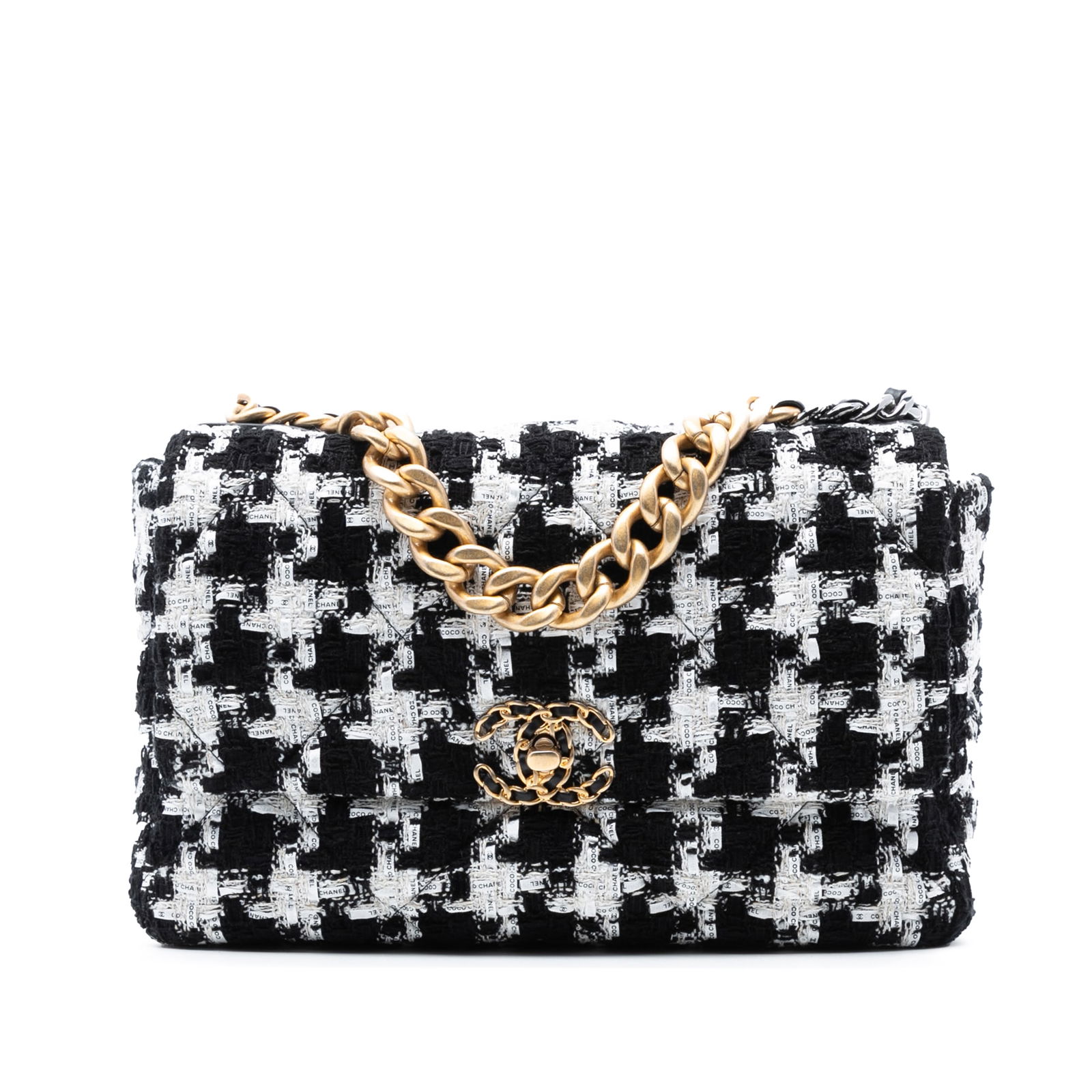Chanel 19 Flap Large Houndstooth Tweed Shoulder Bag with Gold Chain: Chanel 19 Flap Large Houndstooth Tweed Shoulder Bag with Gold Chain This Chanel Large Houndstooth Tweed 19 Flap bag features a tweed leather body with a classic houndstooth pattern, a gold-tone chain