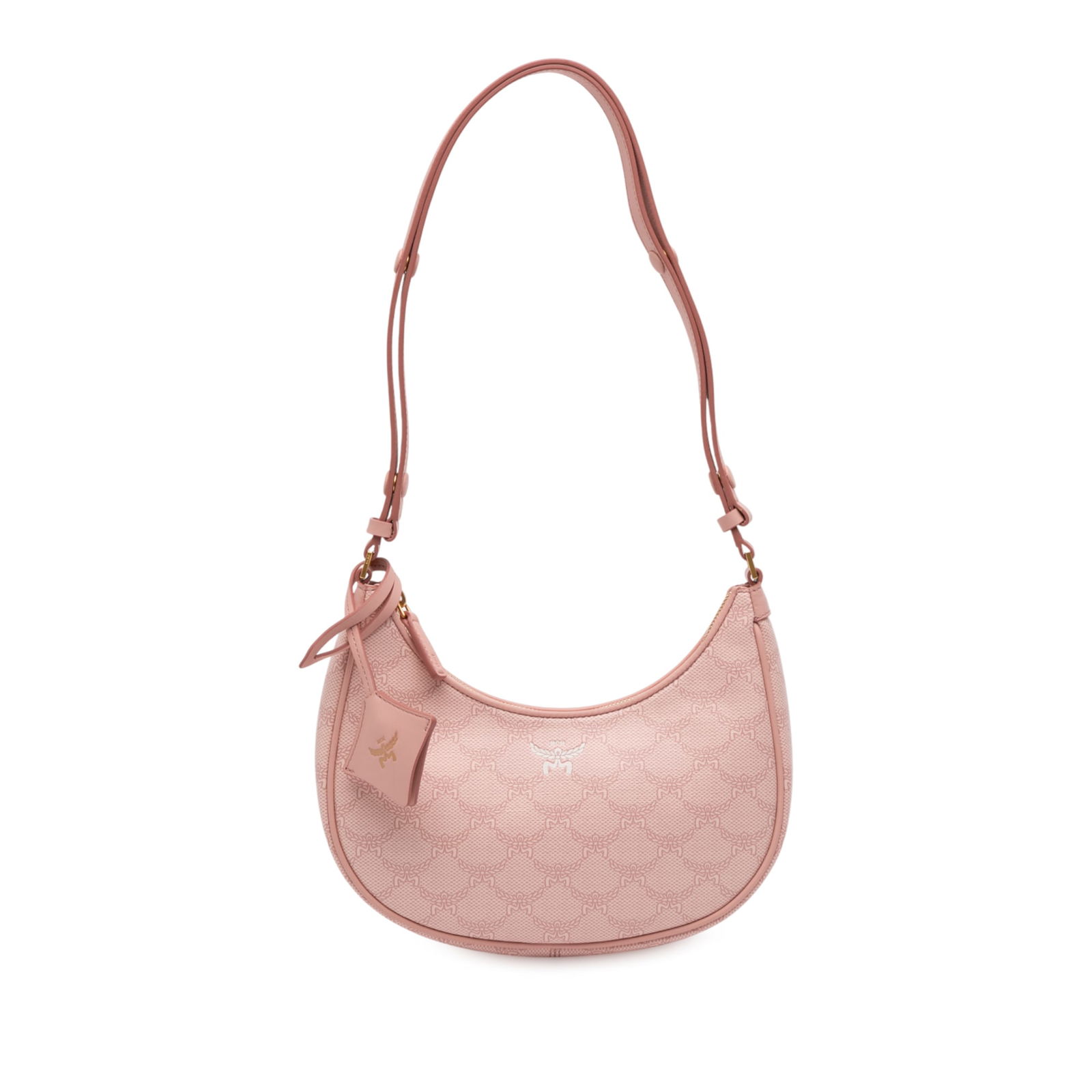 MCM Small Lauretos Himmel Ascending Moon Pink Canvas Hobo Shoulder Bag: MCM Small Lauretos Himmel Ascending Moon Pink Canvas Hobo Shoulder Bag This shoulder bag features a coated canvas body with leather trim, a flat leather shoulder strap, a top zip closure, and interior