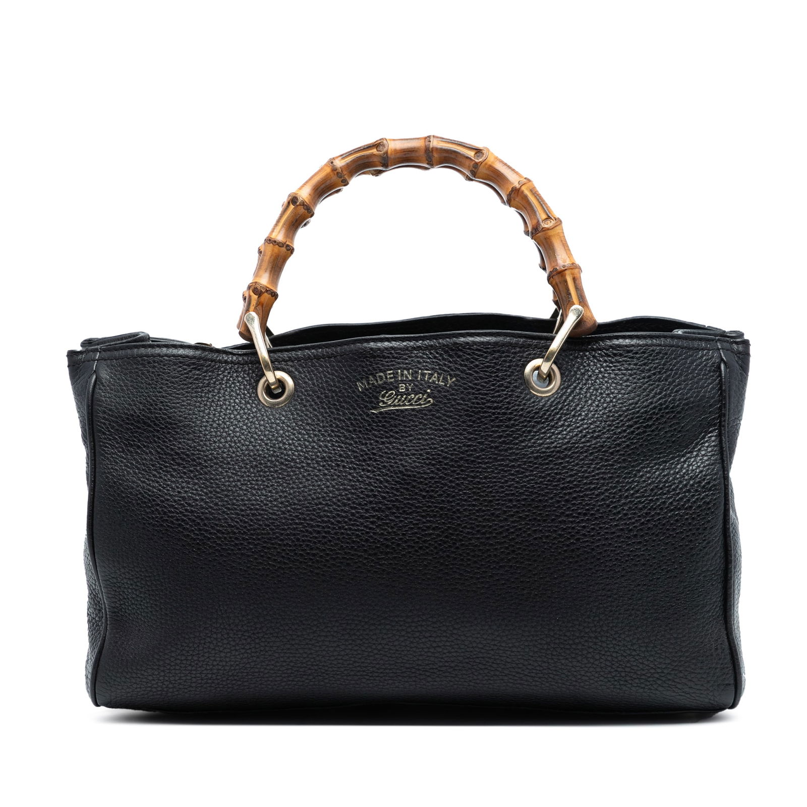 Gucci Bamboo Handle Black Leather Medium Satchel Bag: Gucci Bamboo Handle Black Leather Medium Satchel Bag This Gucci Medium Calfskin Bamboo Shopper Satchel features a black leather body with signature bamboo top handles and an open top secured by a magn