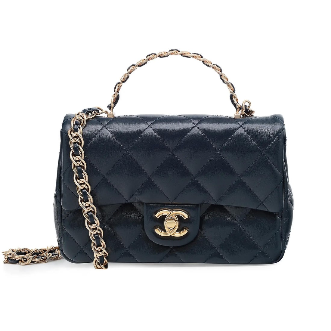 Chanel 23a Marine Blue Mini Flap Handbag Limited Edition: Chanel 23a Marine Blue Mini Flap Handbag Limited Edition This exquisite Chanel 23a Rectangular Top Handle Flap Mini Handbag in Marine Blue is a stunning blend of elegance and functionality. Crafted fr
