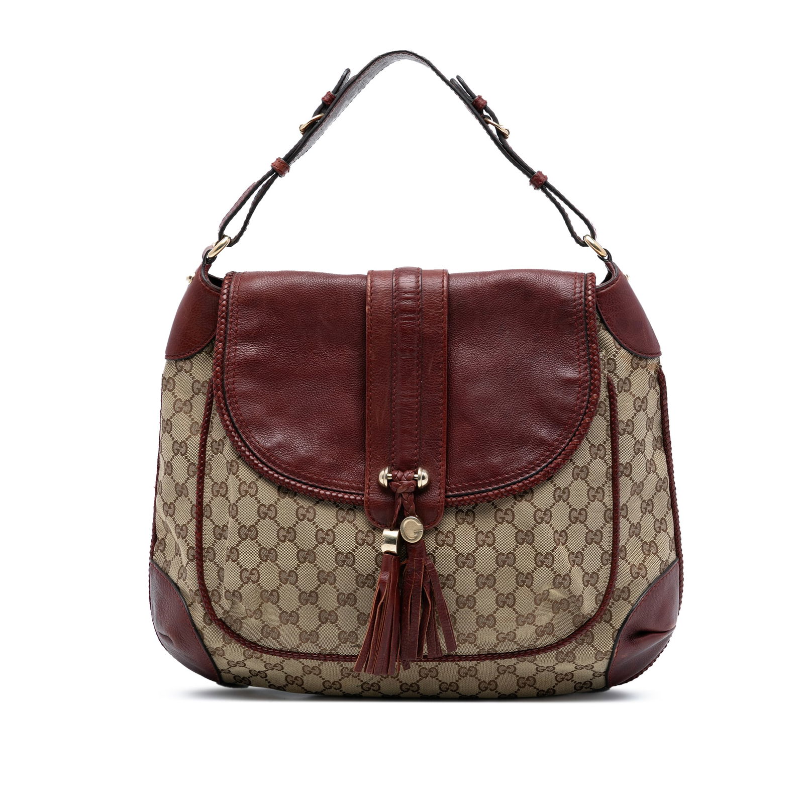 Brown Marrakech GG Canvas Shoulder Bag with Leather Trim by Gucci: Brown Marrakech GG Canvas Shoulder Bag with Leather Trim by Gucci The Gucci GG Canvas Marrakech Shoulder Bag features a canvas body with leather trim, a flat leather strap, a front flap accented with